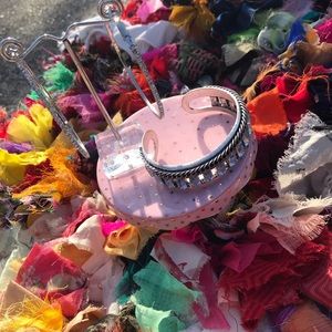 Sliver hoop earrings and cuff chain bracelet